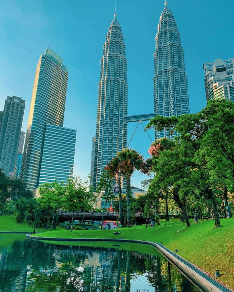 Scenic view of Petronas Twin Towers and KLCC Park in Kuala Lumpur, Malaysia